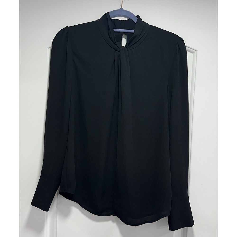 White House Black Market Solid Black Knotted-Neck Blouse Size‎ 4 Pearl Accent
